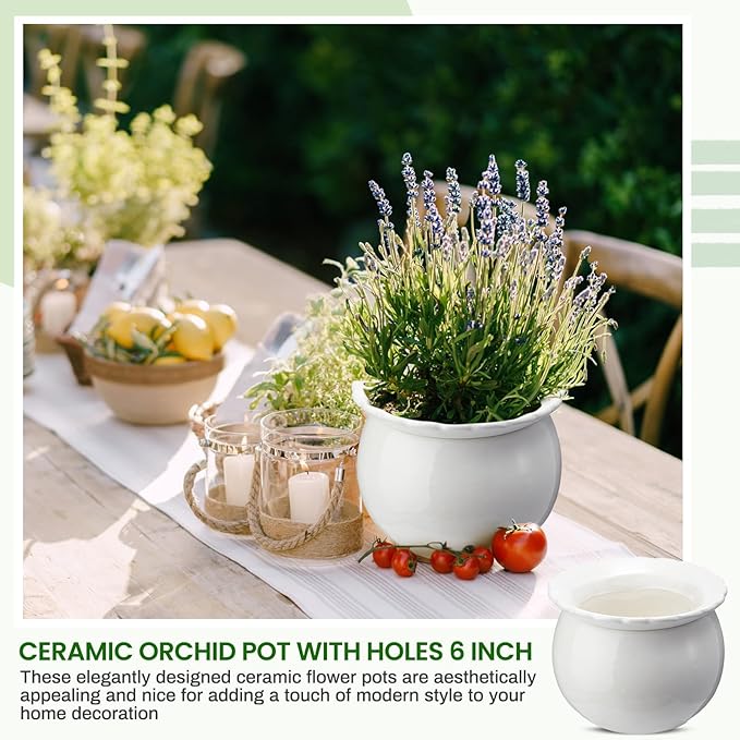 Suclain 2 Pcs African Violet Pots, 6.5 Inch Self Watering Pots for Indoor Flowers and Plants Ceramic Easy Self Watering Plant Pot with Highly Absorbent Inner Planter Pot for Tropical Plants(White)