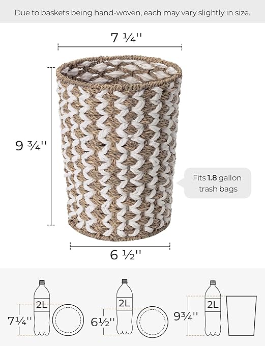 StorageWorks Wicker Waste Basket, Small Trash Can with Handwoven Seagrass and Paper Rope, Wicker Garbage Can for Bedroom, Bathroom, 1 Pack