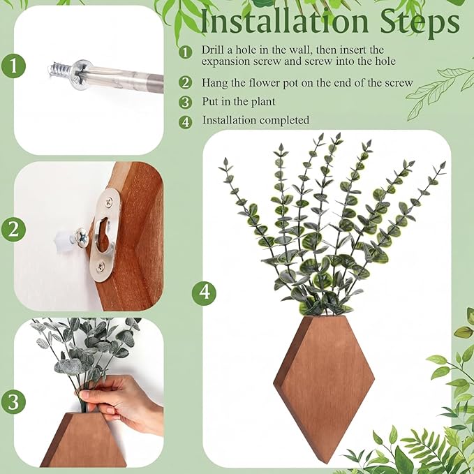 Chunful 2 Pcs Wooden Wall Planter Decor Hanging Fake Plants Greenery Flowers Holder Vase Boxes for Wall Bohemian Farmhouse Room Kitchen Office Indoor Decoration(Walnut Color,7.1 x 4.7 x 1.2 Inches)