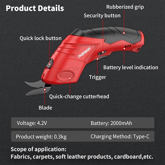 NANWEI Electric Scissors Cordless, Type-C Rechargeable Cardboard Cutter with 2 Blades, 4.2V High‑torque Motor, for Fabric Carpet Leather (Red)