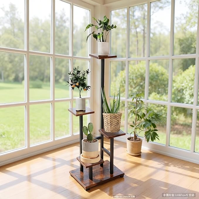 4 Tier Plant Stand for Indoor Plants, Modern Wood & Metal Flower Shelf with Wooden Shelves - Multi-Tiered Display Rack for Living Room, Balcony, Patio, Easy to Assemble Space Saver, Brown