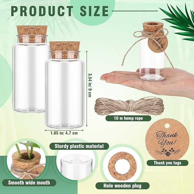 Baderke 48 Pcs 3.54'' Plastic Plant Propagation Stations with Hole Lid 4oz Planter Vase Clear Propagation Jars with Thank You Tags for Plant Lover Gifts for Women Office Home Garden