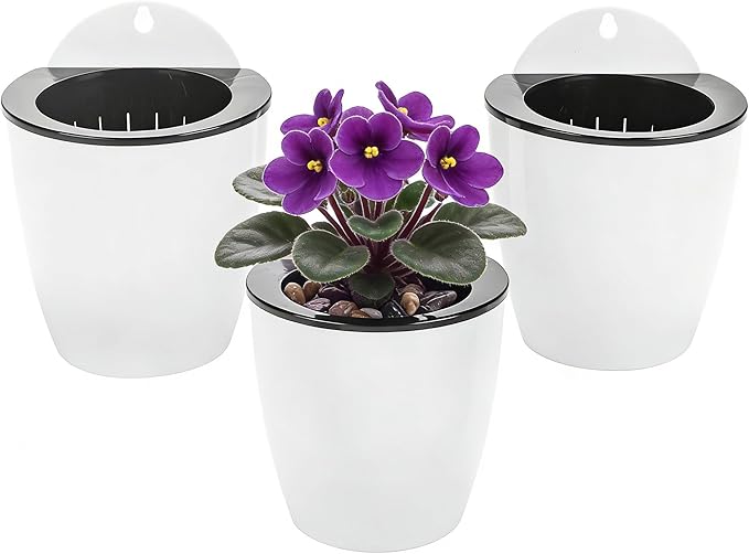 3 Pack Self Watering Wall Hanging Planter Pots Vertical Garden Window Hang Mount Indoor Outdoor Plant Flower Basket for Kitchen Herbs Balcony Railing Shelf Fence Bedroom Trellis Decor Modern White Box