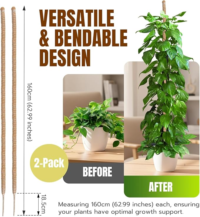 Mcbazel 2 Pack 63 Inch Bendable Moss Pole for Plants Monstera - Extra Tall 5.2ft Coco Coir Plant Support Stakes for Large Indoor Climbing Vines - Flexible Totem Stick Kit with Rope, Wire & Ties