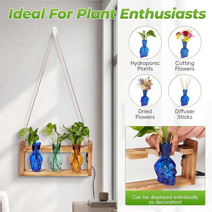 Skull Plant Propagation Station with LED Lights - Halloween Decor Skull Planter, Hydroponics Pot for Office, Unique Gifts for Women & Plant Lovers(3*Mixed Color)