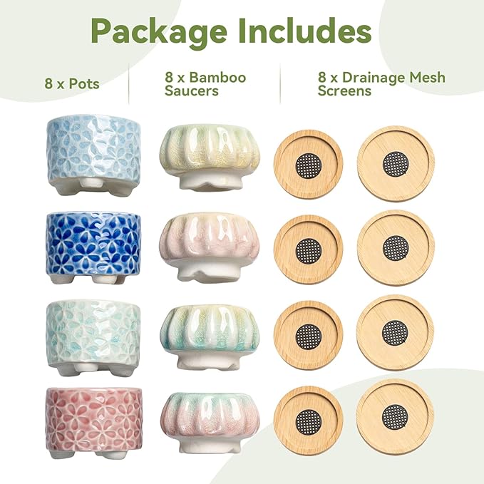 8 Pcs Succulent Pots with Ice Crack Glaze, 2 Shapes & 8 Colors Ceramic Succulent Planters with Drainage Holes & Bamboo Saucers, Indoor Plant Pots for Home Garden，Desk Decor, Office Decor, Gift Idea
