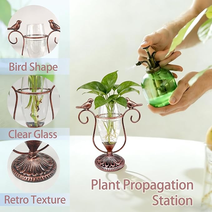 Vintage Glass Plant Propagation Station, Propagation Terrarium Flower Vases, Plant Lovers Gifts for Office Living Room Desk Decor (Copper Bird)