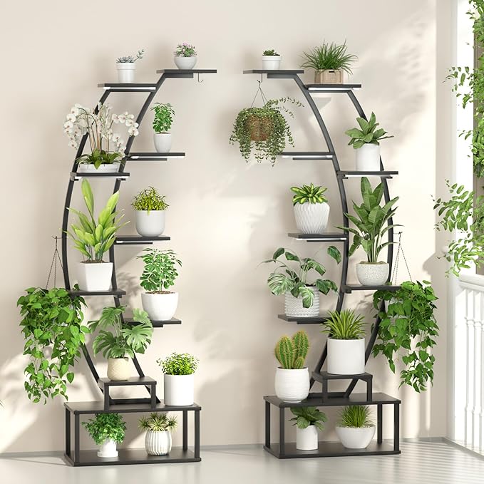 Plant Stand Shelf Indoor with 8 Grow Light, 10 Tiered 65" Tall Black Large Half Moon Lighted Plant Rack Holder, 2 Pack Big High Circular Arch Multi Herb Stand with Built in LED Grow Light Set