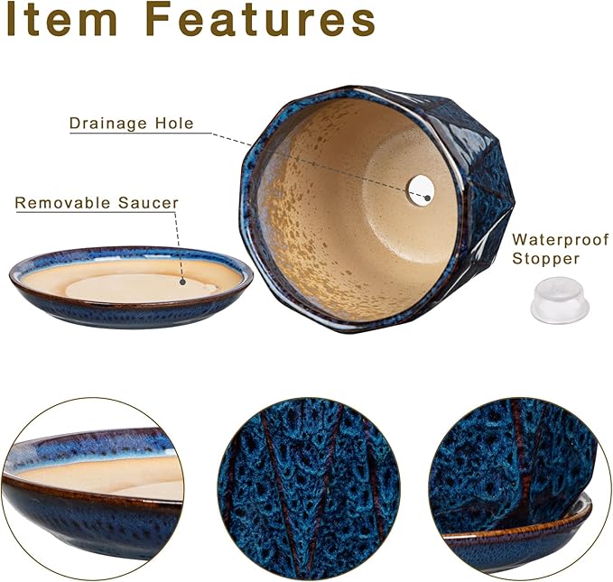 Oairse Ceramic Pots for Plants, 8+6 inch Plant Pots with Drainages Holes & Saucers Large Blue Ceramic Planters Decorative Flower Pot for Indoor Plants Outdoor Inoor