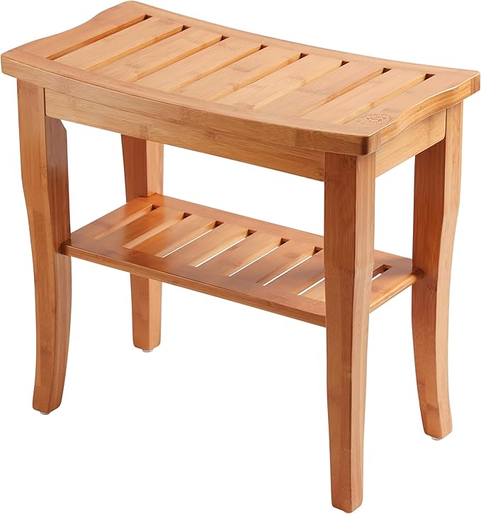 Bamboo Shower Bench - Small Wooden Shower Stool with Storage Shelf, Non-Slip Bathroom Seat, Spa Decor Bath Bench, Foot Rest Shaving Stool for Shower, Indoor Outdoor Use, Great Gift Idea (17" x 9 x 17)