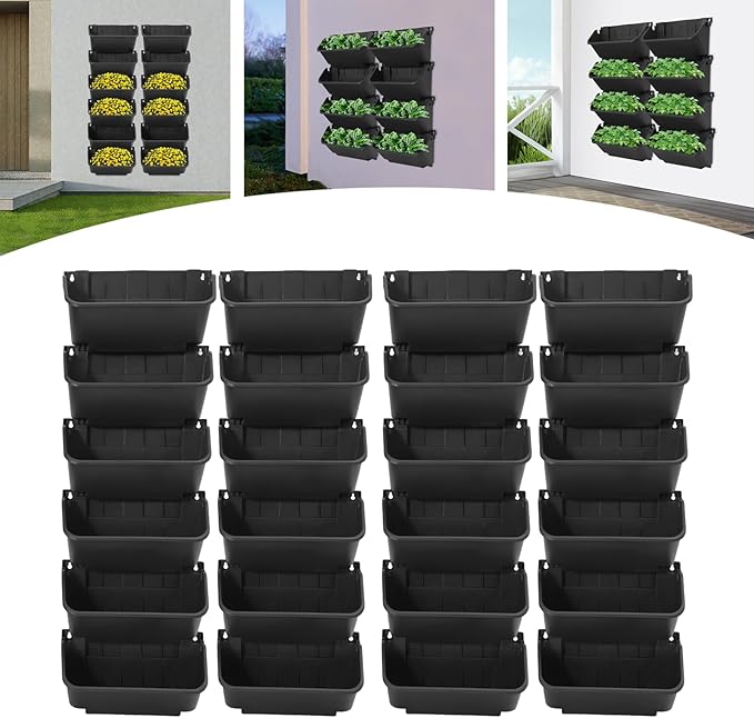 Bacocoo Vertical Garden Planter - 24 Pack, 13 inch Wall Mounted Planter for Patio Outdoor Decor, Home Green Plastic Pot Balcony Plant Vegetable Fruit Herb Hanging Pocket Holder Flowerpot. (Black)