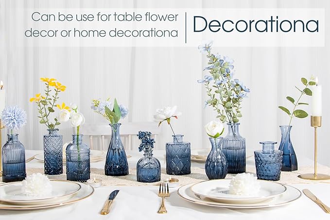 TBWIND 12Pcs Blue Glass Bud Vases Set, Small Vases for Flowers, Perfect for Centerpieces at Parties, Baby Showers, Weddings, Events, Graduation Season, Great Gifts for Office & Home Décor