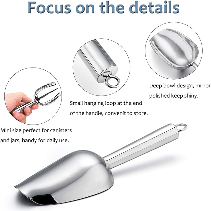 Mini Scoop Set of 8, E-far 3 Ounce Stainless Steel Scoops for Ice Cube/Candy/Flour/Sugar, Metal Utility Scoops for Weddings, Dessert Buffet, Canisters, Food Grade & Rust Free, Easy Clean & Dishwasher