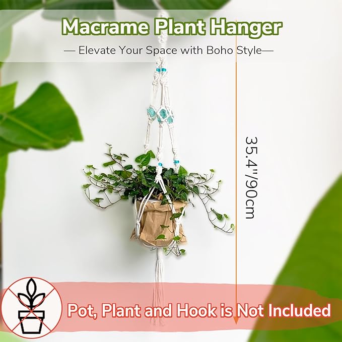 Nomylunota Macrame Plant Hanger with Boho Beads Handmade Hanging Planter Crochet Plant Holder(35.4 inches, Beige with Blue Pink Beads)