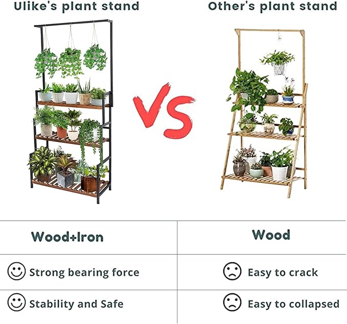 ULIKE Plant Stand Outdoor Indoor Hanging Plant Shelf for Multiple Plants 3 Tier Tall Plant Stand Wood Rack with Metal Frame for Patio Garden Balcony