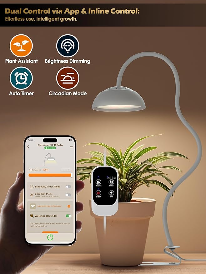GLOWRIUM Smart Grow Lights for Indoor Plants,10W Full Spectrum LED Plant Light with 3/9/12 Timer,10 Dimmable Levels,Height Adjustable Grow Light with Base (White)
