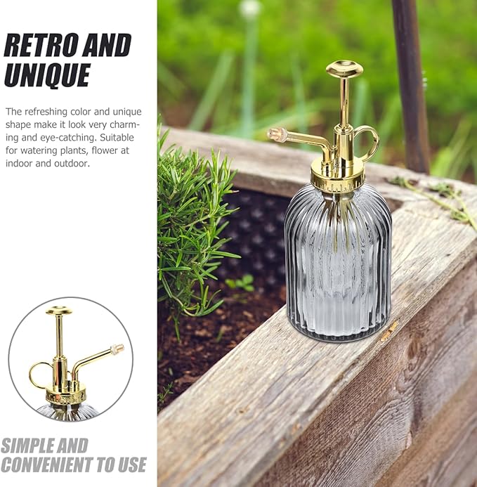 KALLORY Vintage Glass Plant Mister with Gold Pump Large Capacity Watering Spray Bottle for Indoor Outdoor Garden Plants Succulents Bonsai and Desktop Use