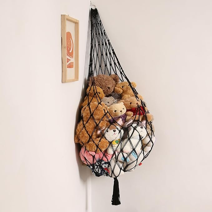 Amdermi Stuffed Animal Hammock Corner Hanging Net for Stuffy Animal Storage Macrame Toy Display Plushie Toy Holder-Perfect for The Tiny Space Walls, Kid Bedroom Decor Playroom Organizer (Black XL)