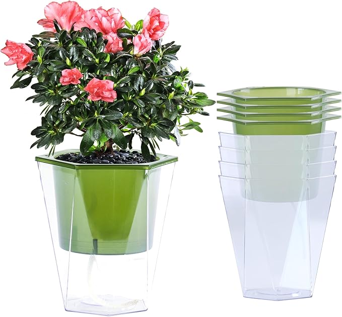 Oliz Self Watering Planter 5 Pcs, 4.5 Inch Flower Plant Pot with Transparent Inner Pot, Gardening Flowerpot with Watering Can, Indoor Self Watering Planter Pot for Herbs, Flowers (Green)