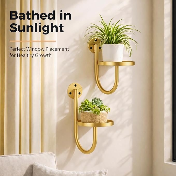 Wall Plant Holders for Indoor Plants, 3 Pack Metal Wall Mounted Plant Shelves，Modern Window Plant Hanger, Space Saving Hanging Planters for Living Room Bedroom Kitchen Bathroom Office Decor, Golden