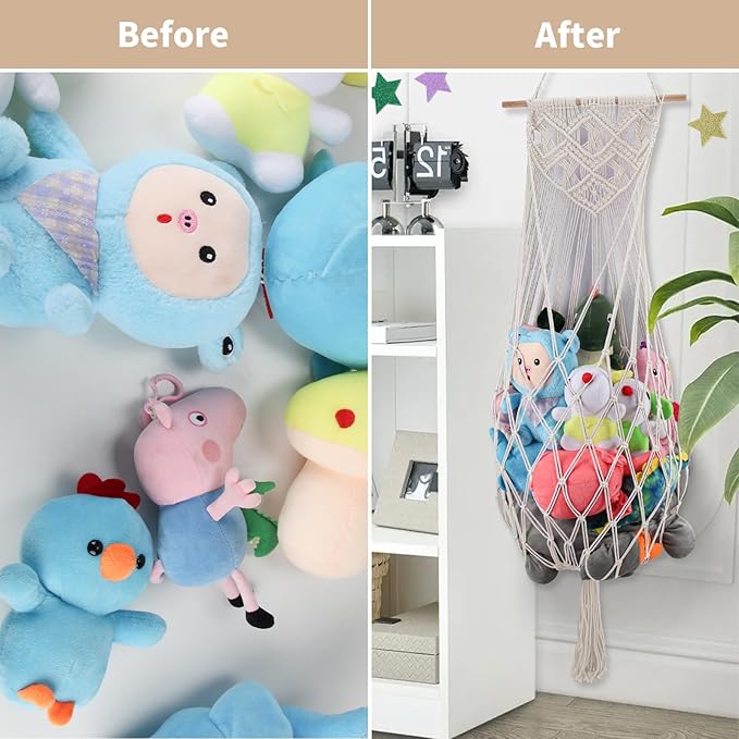 63 Inch Jumbo Stuffed Animal Storage w/ LED Star Light, Toy Hammock Wall Ceiling Over Door Hanging Organizer for Nursery Stuffy Plushie, Cream Stuffed Animals Hammock Corner for Kid Girls Boys Gift