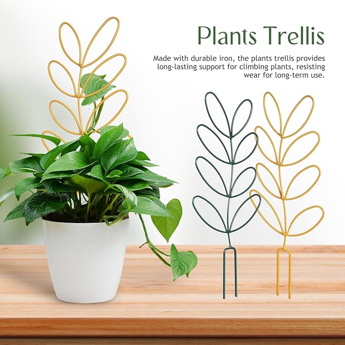 KALLORY 4pcs Metal Plant Climbing Rack Trellis for Potted Plants in Emerald and Brass Indoor and Outdoor Flower Vine Climbing Accessories
