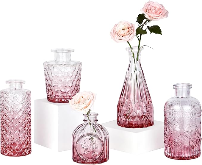 TBWIND Pink Day Glass Bud Vase Set of 5, Small Flower Vases for Centerpieces in Bulk, Mini Vintage Vase for Wedding Decor, Single Flowers, and Home Table Décor