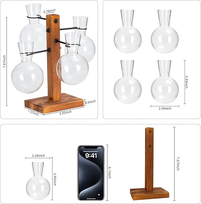 Plant Propagation Station with Wood Stand, Propagation Vases for Plants, Terrarium Kit for Home Office Garden Decor, Gifts for Plant Lovers - 4 Bulb Glass Vases