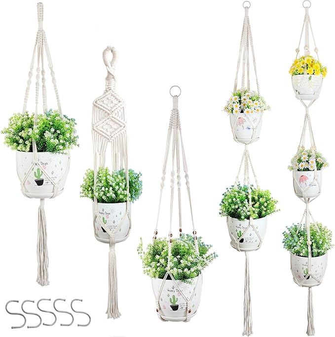 PEN&H Wall Macrame Plant Hanger Set of 5, Handmade Cotton Rope Planters Flowers Hanger, Bohemian Style Hanging Plants Holder for Indoor Outdoor Decoration Creamy White (POTS NOT Included)