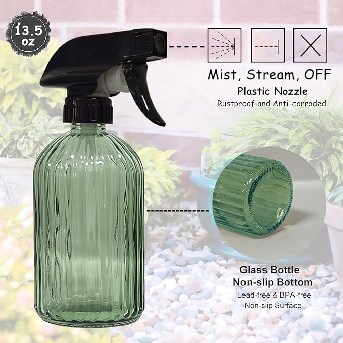 YYTSGG Glass Handheld Spray Bottle, 13.5oz Refillable Water Spray Bottle, Reusable Adjustable Nozzle Plant Mister Spray Bottles Indoor, Plant Mister for Hair, Cleaning, Gardening, Pets Care (Green)