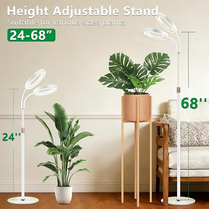 Floor Grow Lights for Indoor Full Spectrum Plant Lighting with Adjustable 67" Stand for Growing Large Tall Plants 3/9/12H Timer,3 Light Modes, 2Heads