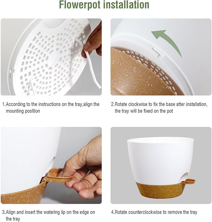 WSMKSZ 8 inch Self Watering Pots, 2 Pack Plastic Planters with Mesh Drainage Holes for Garden Plants and Flower, Plants Pots with Deep Reservoir for Indoor Outdoor Plants, White with Brown