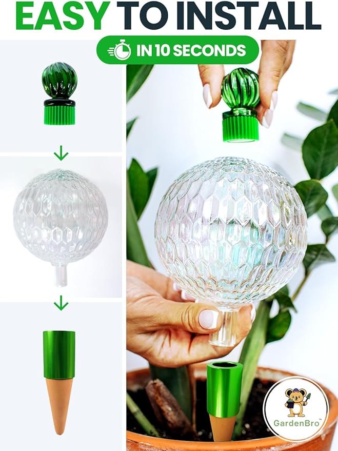 16 Oz. Plant Watering Globes for Indoor Plants with Terracotta Self Watering Planter Insert - Hand-Blown XL Glass Globes - Automatic Indoor Planter Waterer, Gift Idea for Gardeners [1, Textured]