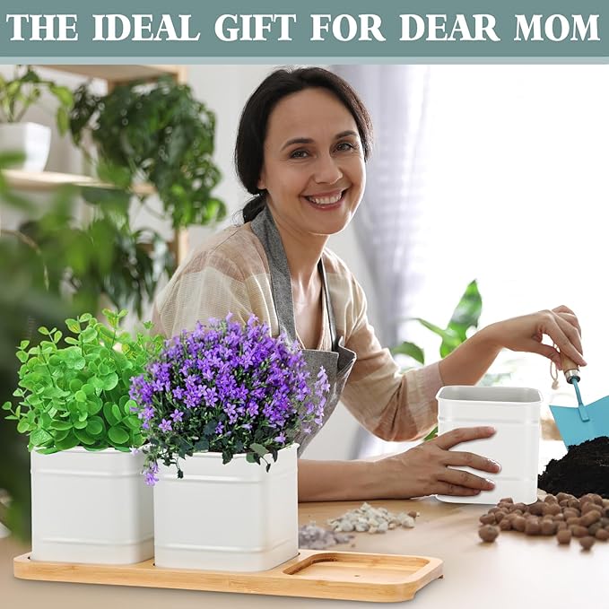 LemonRoad 6 Pcs Indoor Herb Planter Window Herb Pots for Kitchen with Drainage Hole and Bamboo Tray Farmhouse Metal Garden Planter Pot with DIY Label Mom Plant Gift(White,Square)