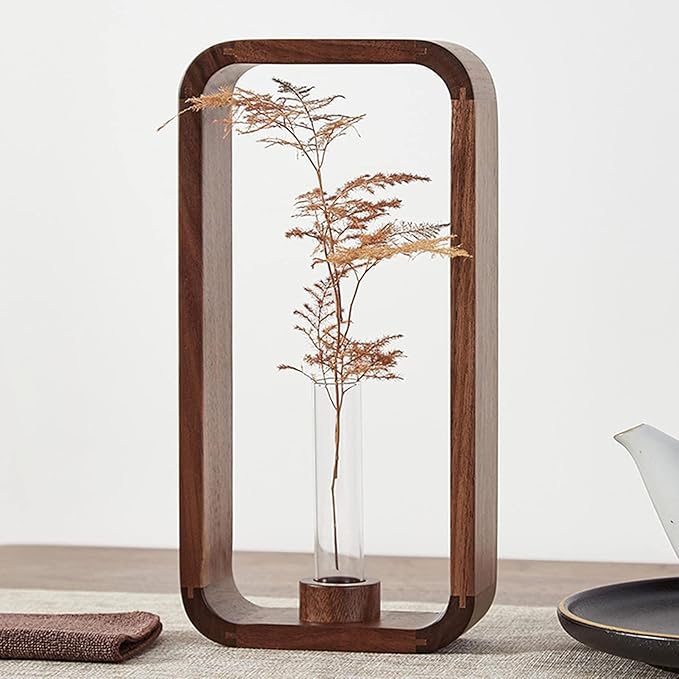 Transprent Glass Vase Test Tube Hydrophilic Plants Holder Walnut Wooden Frame Flower Stand Table Garden Bonsai Decor,Gifts for Women, Home Office Decor Planter (Big)