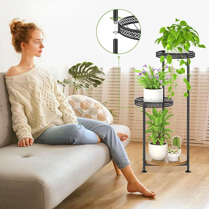 Oppro 3 Tier Large Plant Stand Indoor Outdoor Clearance, Metal Flower Shelf Pot Holder, 10in Wide Multiple Plants Tall Corner Display Rack for Patio Orchid Office Porch Living Room Garden, Black