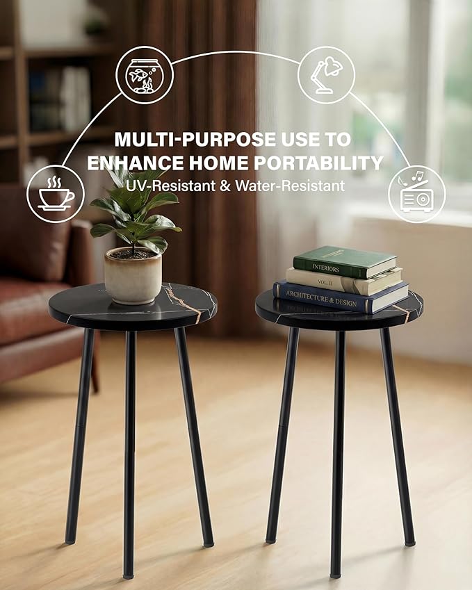 Plant Stand Indoor 2 Pack: Corner Wood 20 Inch Plant Stand Mid Century Modern Decor - Small Round Plant Table for Indoor Plants - Plant Holder for Patio Living Room Bathroom Office (Black Marble)