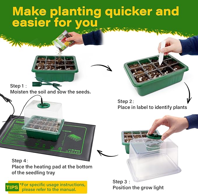 KEOHOLI Seed Starter Kit with Grow Light and Heat Mat, 6 Pack 12-Cell Seedling Trays with LED Panels, Adjustable Timer & Dimmer Indoor Plant Propagation Station for Herbs, Vegetables, Flowers