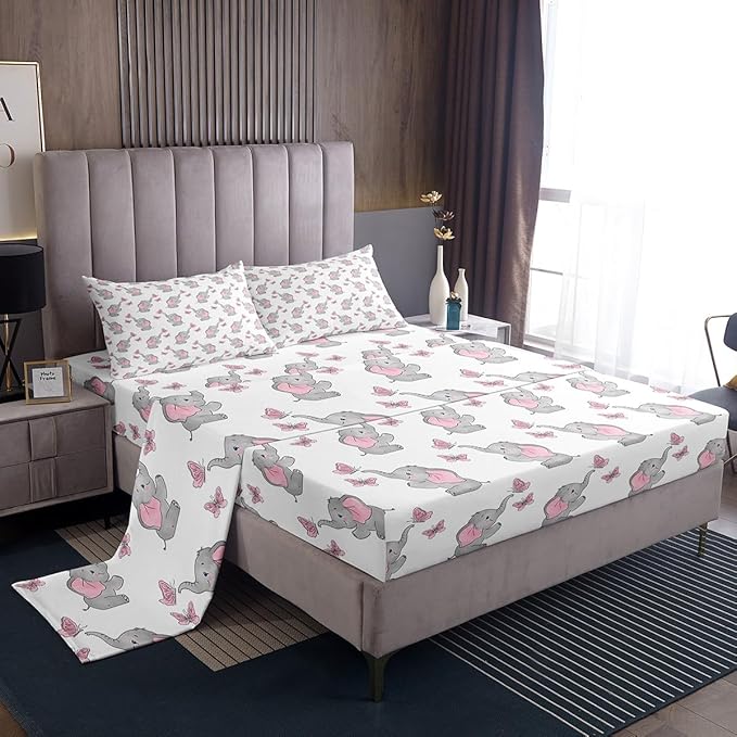 Feelyou Cute Elephant Sheets Set, Cartoon Little Butterflies Bed Sheet Set Queen Size, Animal Print Decor Bedding for Girls Women Grey Pink with Deep Pocket Fitted Multi 1016