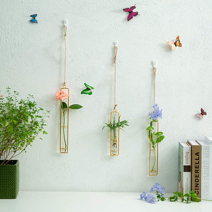 Sziqiqi Glass Propagation Station Test Tube Vases Clear Glass for Cuttings, Buds, Greenery Hydroponic Plant Propagation Home Balcony Bath Wall Decoration Floral Container Set of 3 Gold