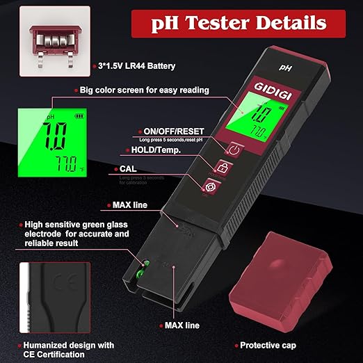 Digital pH Meter High Accuracy UL-Certified Water Tester with 6 Packs Calibration Powders Color LCD Backlit Display with pH Test Strip for Pools Hydroponics Aquariums Hot Tubs Drinking Water