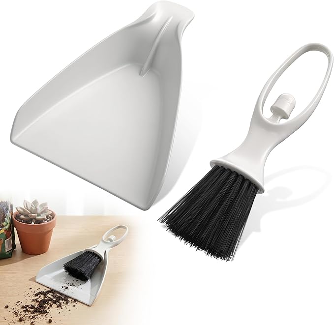 Enhon Soil Scoop with Brush for Indoor Plants, 2 in 1 Plant Potting Scoop Tool for Mess Free Repotting, Mini Dustpan and Brush Set for Houseplants, Succulents, Gardening