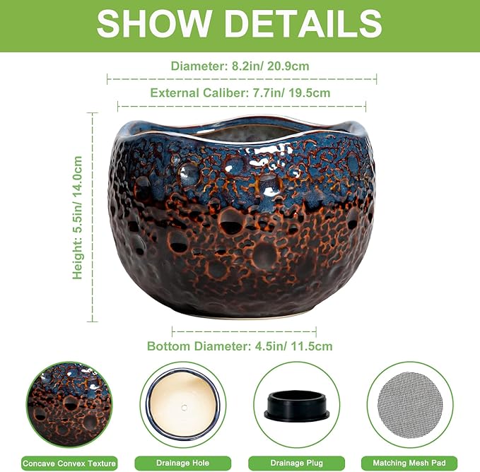 Ceramic Planter - 8 Inch Plant Pots with Drainage Hole and Plug, Unique Flower Pots for Indoor Outdoor Plants, Round Decorative Pots for Plants, Home Decor, Graduation Gifts, Brown-Blue