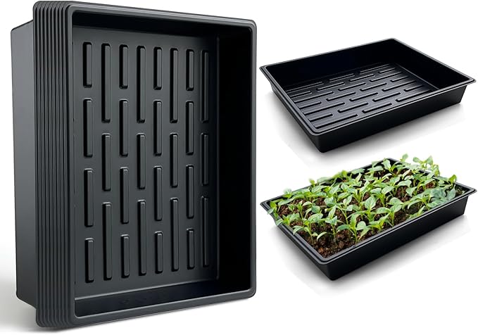 RooTrimmer Seed Starter Tray, 10 Packs Plant Tray, Durable Plastic Growing Trays, Stackable Seedling Starter Trays Perfect for Indoor, Outdoor, Greenhouses, 16.5" L x 13.2" W x 2.8" H - Black