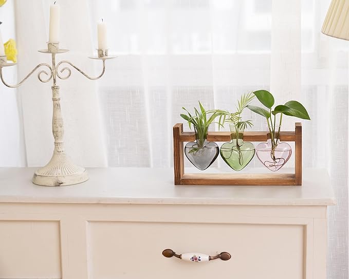 Kingbuy 3-Heart Plant Terrarium Kit - Stained Glass Vase Propagation Station with Vintage Wood Stand - Wall-Mounted & Tabletop Indoor Garden Decor for Home Kitchen Wedding (Grey, Green, Pink)