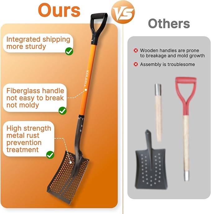 KOLEIYA 45in Sand Sifting Shovel with Orange Fiberglass Handle - Heavy Duty Slotted Shovel for Rocks, Chicken Coop, Gardening and Soil Sifting