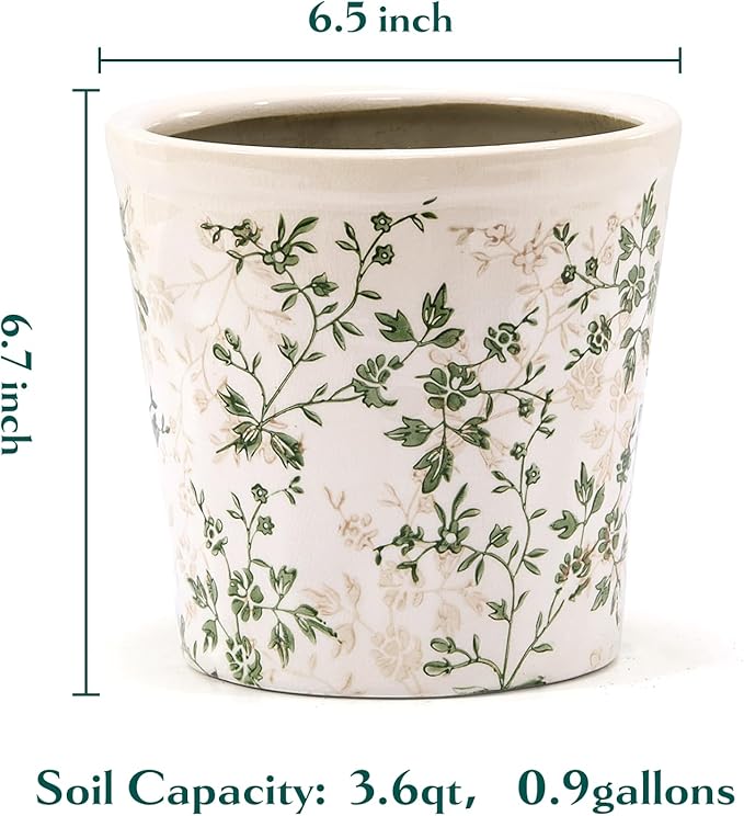 Teweiqi Ceramic Planter Without Drainage Hole, 6.7 Inch - Indoor/Outdoor Flower Pot for Orchids, Succulents, Green Floral Modern Farmhouse Design Plant Pot for Home,Office & Garden Décor, Ideal Gift