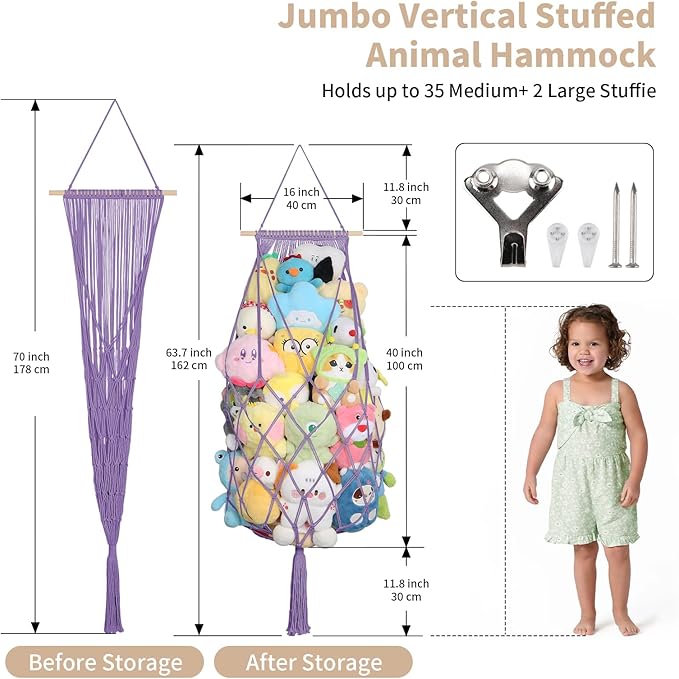 Stuffed Animal Storage Hammock Corner, 70 Inch Jumbo Macrame Stuffed Animal Net Toy Hammock, Wall Ceiling Hanging Plushies Teddy Bear Storage Organizer for Kid Boho Nursery Decor Gift (Purple)