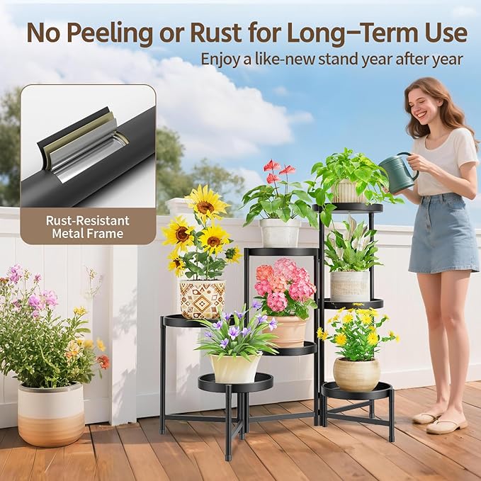 LASZOLA 7 Tier Large Plant Stand Indoor Tall with 10 Inch Metal Tray, Corner Folding Flower Display Rack, Modern Plant Holder Shelf for Outdoor Patio Porch Garden Office Living Room, Black