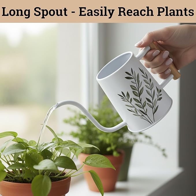 35 oz Metal Small Indoor Watering Can with Long Spout & Real Wood Handle for House Plants, Succulents, Cacti & Seedlings - White Long Spout Watering Can Indoor Plants - Stylish, Gentle Flow, No Spills